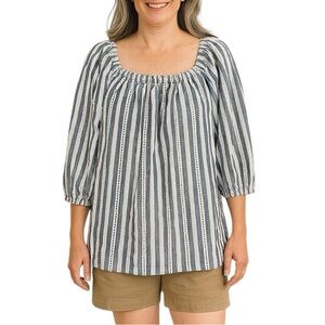 NWT Cafe Marrakesh Blue White Stripe Eyelet Elbow Length Square Neck Shirt Boho